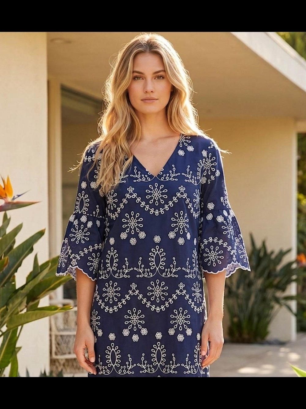 Pre-loved $90 Karen Kane Navy Dress with White Embroidered Motifs